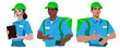 Set of couriers and call center operators, men and women, wearing colored shirts and caps, with tablet in their hands or a backpack on their back. Flat design illustration.