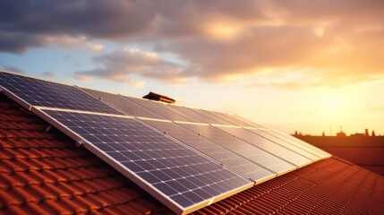 Wall Mural - Solar panels on the red roof of the house and beautiful sky Alternative sources of electricity.