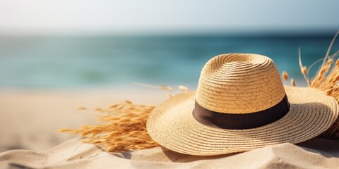 Wall Mural - Straw hat on the beach, sea background in summer. Leisure travel