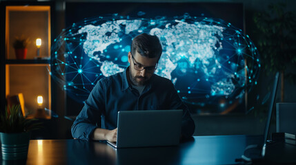 Poster - A man is sitting at a desk with a laptop in front of him