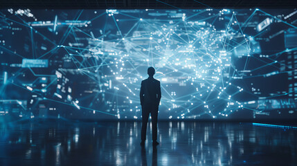 Poster - A man stands in front of a large screen with a network of lines and dots