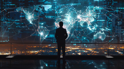 Poster - A man stands in front of a computer screen that shows a map of the world with ma