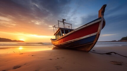 Sticker - Fishing boats at sunrise on the beach.AI generated image