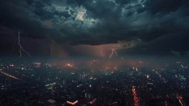 An aerial view of a lightning storm over a city at night, with bolts of lightning lighting up the urban skyline and casting dramatic shadows.