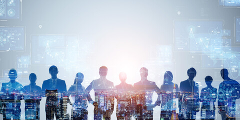 Poster - Group of multinational businesspeople and digital technology concept. Wide angle visual for banners or advertisements.