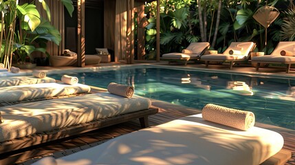 The chic design of a tropical villa's poolside lounge area, complete with plush towels and sun beds