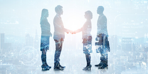 Fototapete - Group of businesspeople shaking hands and digital technology concept. Wide angle visual for banners or advertisements.