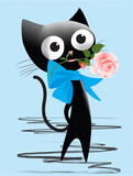 Fototapeta  - composition with a black cat with a ribbon holding a rose in its mouth