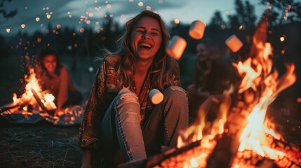 Wall Mural - Unrecognizable woman laughing and bonding with friends around a bonfire on a starry night toasting marshmallows for s'mores,