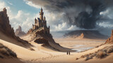 Fototapeta Do akwarium - Ancient old castle ruins high above a rocky cliff in a sand dune desert landscape, majestic stormy rain clouds encircle the fortress with a two adventurers walking towards it.