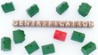 3d rendering of a wooden block spelling out the word “Gentrification” in capital letters with green and red toy houses
