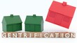 3d rendering of a wooden block spelling out the word “Gentrification” in capital letters with green and red toy houses