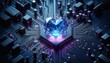 Computer chip with a blue heart on it. The heart is surrounded by purple and blue lights