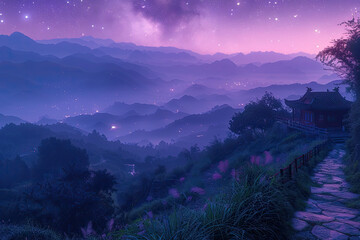 Wall Mural - Starry sky over the mountains, purple and pink colors. Created with Ai