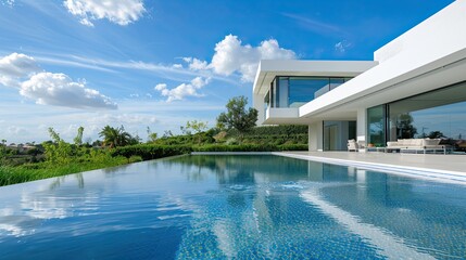 Wall Mural - The sleek lines of a white villa's exterior, with a clear blue pool reflecting the sky and a lush green garden