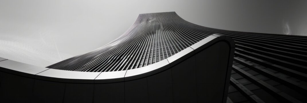 Black and white photo of a curved skyscraper, Modern architecture in a low angle shot of the building.