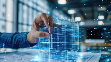 Aufkleber - Hand pointing at digital virtual reality modern blueprint building hologram on a futuristic background.