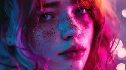 Wall Mural - Young woman with multicolored hair and freckles under neon light
