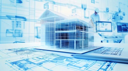 Aufkleber - Sketch design of digital Construction modern blueprint of building.