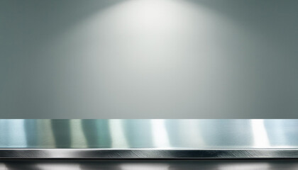 Wall Mural - Silver steel countertop, empty shelf. realistic mockup of table top, kitchen counter on gray background with spot light. Bar desk surface in foreground