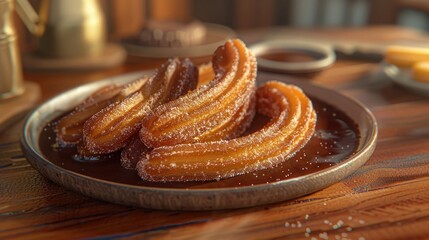 Wall Mural - Churros with sugar and chocolate sauce. Sweet treat and dessert concept.