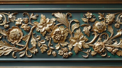 Sticker - Intricate gold floral relief on teal wooden background.