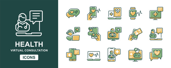 Wall Mural - digital health care consultation icon vector set online virtual doctor diagnosis support assistance signs illustration collection for web and app