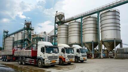 Industrial grain silos with parked delivery trucks at a distribution facility.