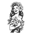 Pin-up girl woman smiling, holding Hawaii flower bouquet, channeling 1950s charm sketch engraving generative ai fictional character raster illustration. Scratch board imitation. Black and white image.