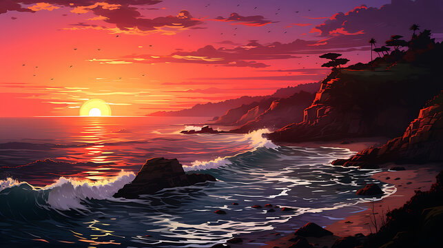 A vector graphic of a coastal cliff at sunset.