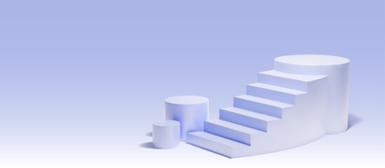 3d purple stair podium render for product display. Realistic geometric staircase platform mockup. Step pedestal in minimal studio room. Luxury futuristic design scene with stand for award at top.