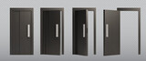 Fototapeta Panele - 3d open and close house or office front door frame. Realistic black ajar doorframe with handle asset lock and welcome. Closed wooden exit for opportunity elements. Dark shut way to living room design