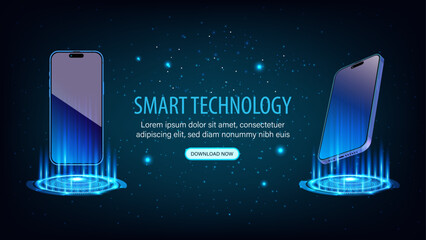 Poster - Smartphone and Smart Mobile Phone with Neon Lights, Front and Perspective Side on Futuristic Neon Stage. Digital Screen Hologram Podium and Floating Mockup. Vector Illustration.