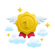 Vector cartoon 3d medal with number one, red ribbons, wings and clouds realistic icon. Trendy flying gold round first place award, cute winner badge sign. 3d render quality badge illustration.