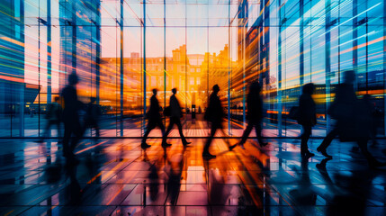 Wall Mural - Silhouette image of business people crowd walking and modern building in downtown city