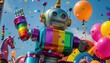 Rainbow robot waving joyfully on whimsical Pride celebration float