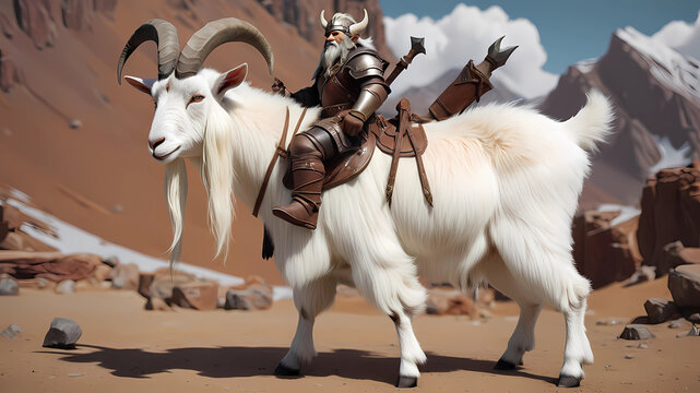 A goat that serves as a mount for a dwarf warrior, with a saddle, large horns, and white fur.