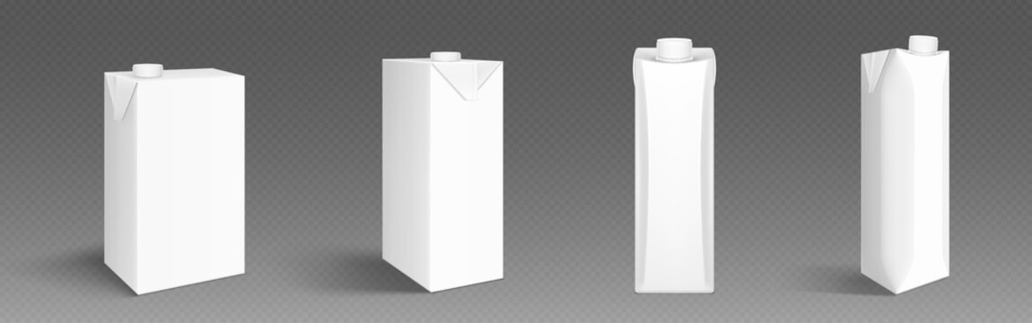 Milk or juice carton 3d white blank pack mockup. Isolated drink package template in vector. Empty realistic beverage bottle packet for presentation and marketing. Cardboard container side and front