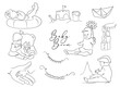 The set of kids logo in line art with text Baby boom, hand-drawn children silhouettes with games