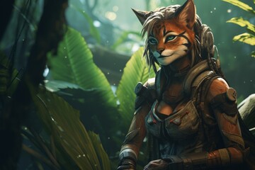  Futuristic feline warrior in lush jungle environment