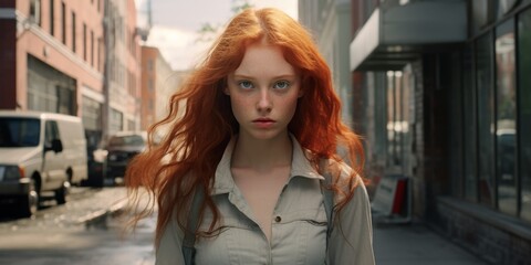 Wall Mural - Confident young woman with vibrant red hair in urban setting