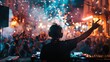 Dj playing on stage with huge party crowd in front created with Generative AI