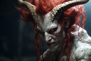 Wall Mural - Demonic creature with horns and red hair