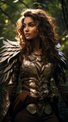 Majestic fantasy warrior woman in golden armor with wings