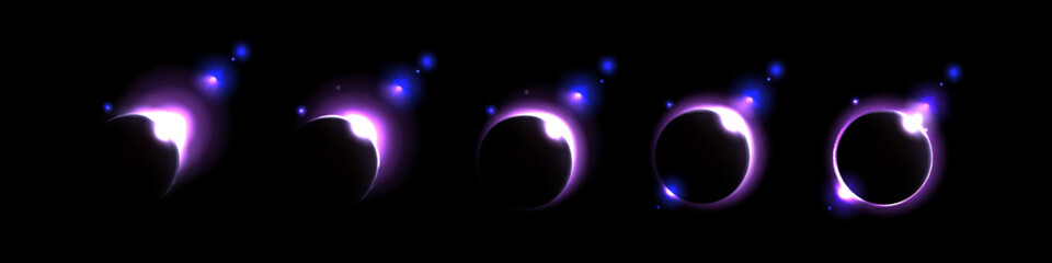Wall Mural - purple space solar eclipse light glow in galaxy vector. neon universe planet flare and ray abstract 