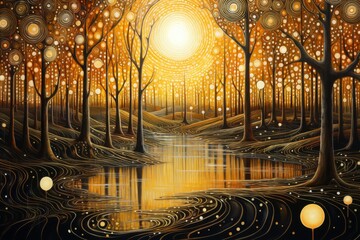 Poster - Enchanted forest landscape with glowing sun and reflection