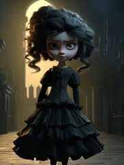 Poster - gothic doll in black dress standing on wooden platform