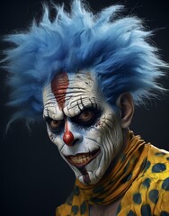 Wall Mural - Creepy clown with blue hair and yellow polka dot costume