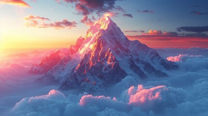 Wall Mural - A mountain peak with a flag planted on top, achievement, blurred sunrise