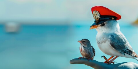 A parrot wearing a red hat is sitting on a branch next to a smaller bird